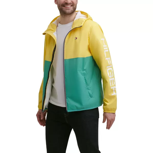 Tommy Hilfiger Mens Lightweight Active Water Resistant Hooded Rain JacketPastel YellowGreen Colorblock