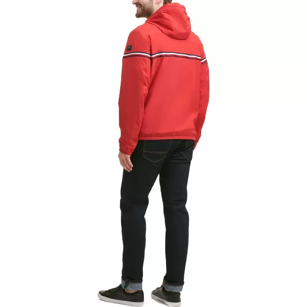 Tommy Hilfiger Mens Lightweight Active Water Resistant Hooded Rain JacketRed Tricolor Stripe