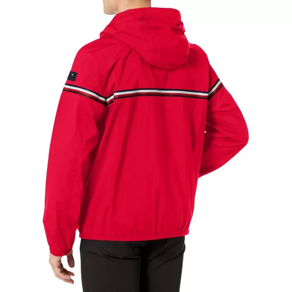 Tommy Hilfiger Mens Lightweight Active Water Resistant Hooded Rain JacketRed Tricolor Stripe