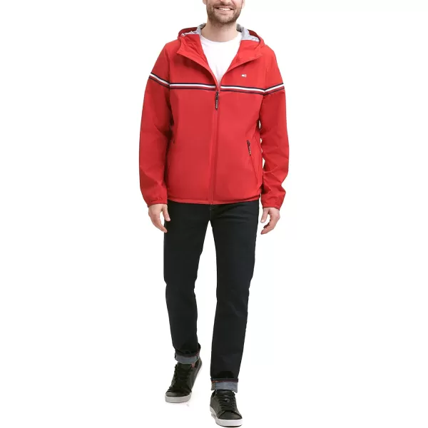 Tommy Hilfiger Mens Lightweight Active Water Resistant Hooded Rain JacketRed Tricolor Stripe