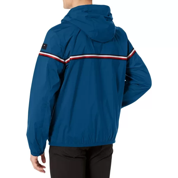 Tommy Hilfiger Mens Lightweight Active Water Resistant Hooded Rain JacketRoyal Blue Tricolor Stripe