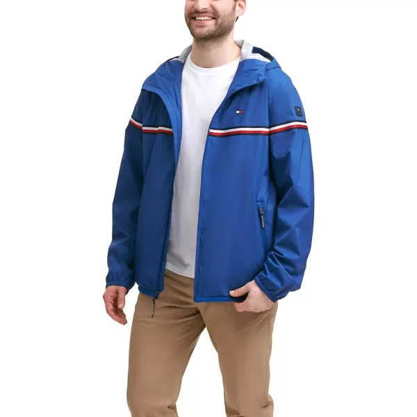 Tommy Hilfiger Mens Lightweight Active Water Resistant Hooded Rain JacketRoyal Blue Tricolor Stripe