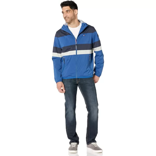 Tommy Hilfiger Mens Lightweight Active Water Resistant Hooded Rain JacketRoyal BlueIceNavy Multi