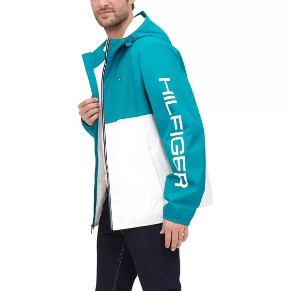 Tommy Hilfiger Mens Lightweight Active Water Resistant Hooded Rain JacketTealIce Colorblock