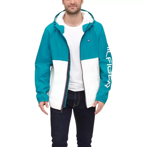 Tommy Hilfiger Mens Lightweight Active Water Resistant Hooded Rain JacketTealIce Colorblock