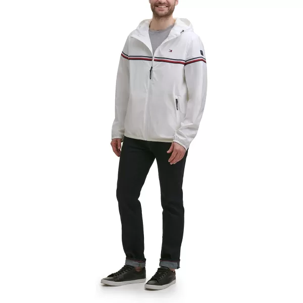 Tommy Hilfiger Mens Lightweight Active Water Resistant Hooded Rain JacketWhite Tricolor Stripe