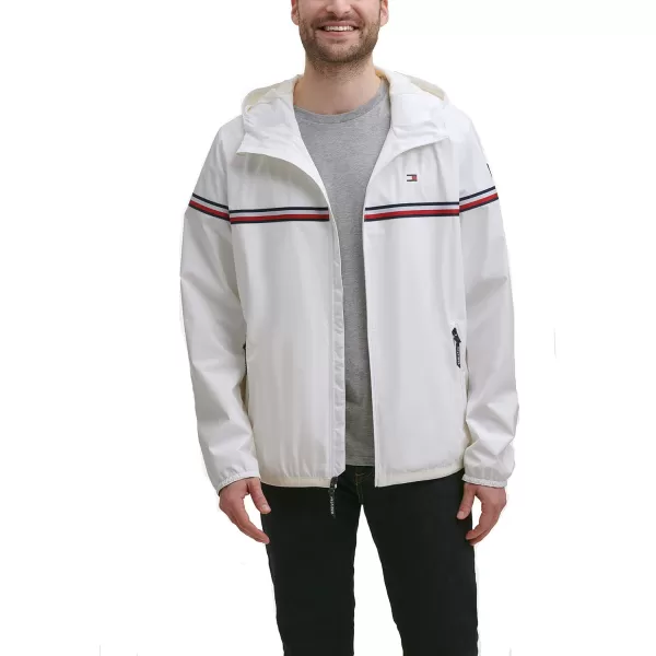 Tommy Hilfiger Mens Lightweight Active Water Resistant Hooded Rain JacketWhite Tricolor Stripe