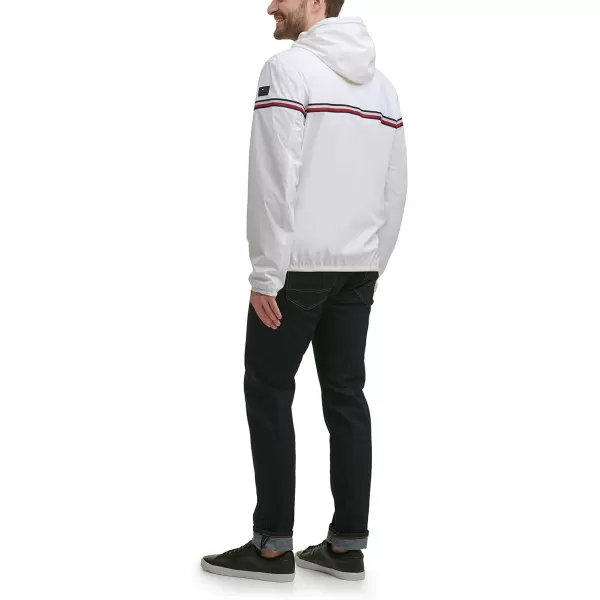 Tommy Hilfiger Mens Lightweight Active Water Resistant Hooded Rain JacketWhite Tricolor Stripe