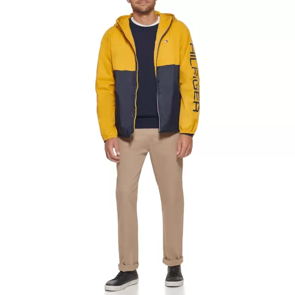 Tommy Hilfiger Mens Lightweight Active Water Resistant Hooded Rain JacketYellowNavy Colorblock