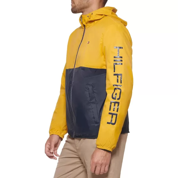 Tommy Hilfiger Mens Lightweight Active Water Resistant Hooded Rain JacketYellowNavy Colorblock