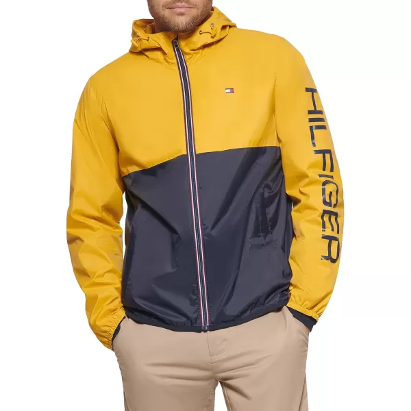 Tommy Hilfiger Mens Lightweight Active Water Resistant Hooded Rain JacketYellowNavy Colorblock