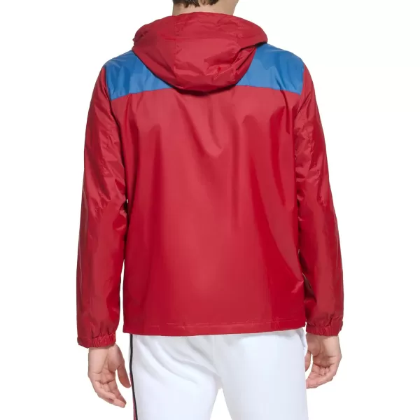 Tommy Hilfiger Mens Lightweight Breathable Waterproof Hooded JacketBlue CoastRouge Color Block