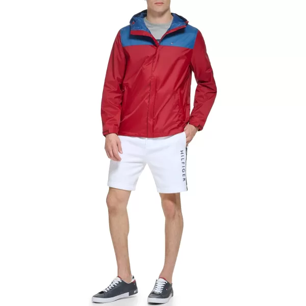 Tommy Hilfiger Mens Lightweight Breathable Waterproof Hooded JacketBlue CoastRouge Color Block