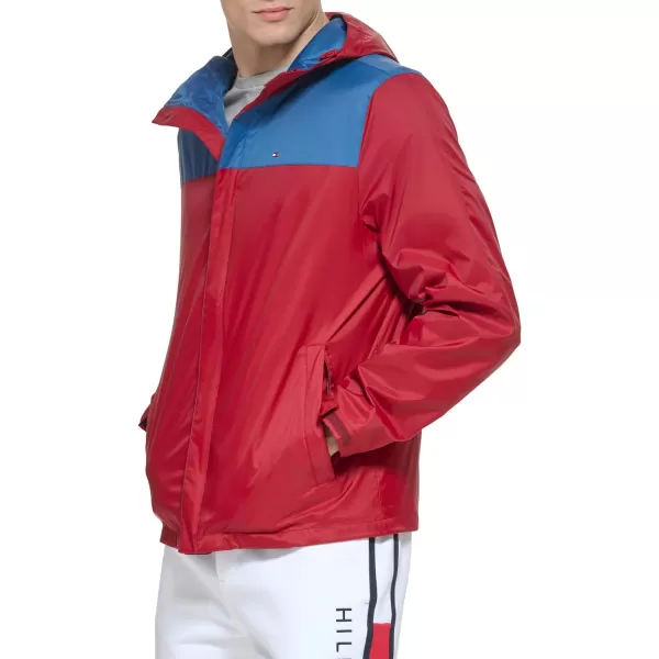 Tommy Hilfiger Mens Lightweight Breathable Waterproof Hooded JacketBlue CoastRouge Color Block