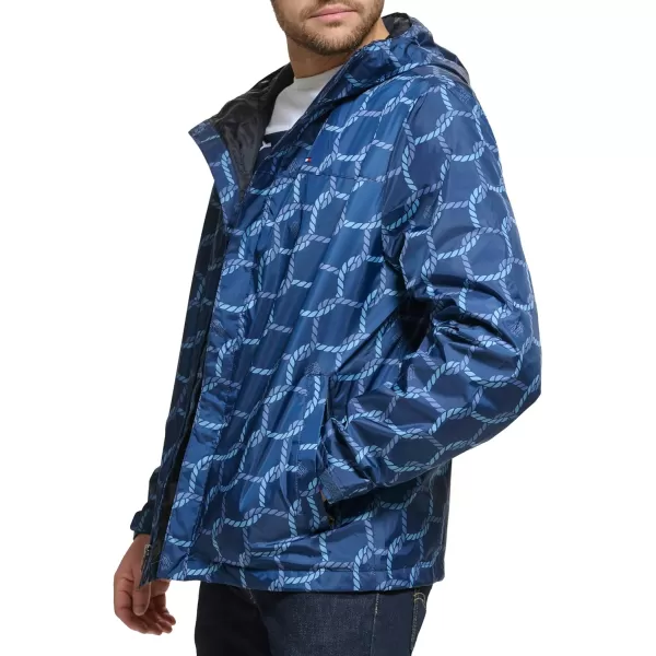 Tommy Hilfiger Mens Lightweight Breathable Waterproof Hooded JacketNavy Rope Print