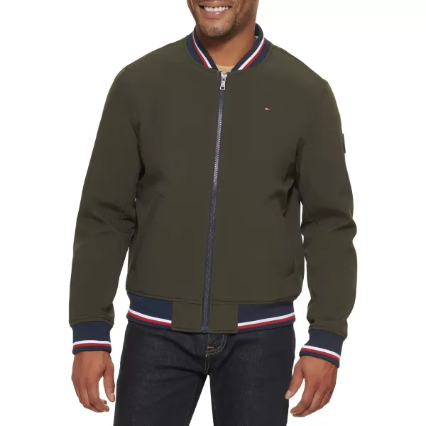 Tommy Hilfiger Mens Lightweight Varsity Rib Knit Bomber JacketOlive Soft Shell