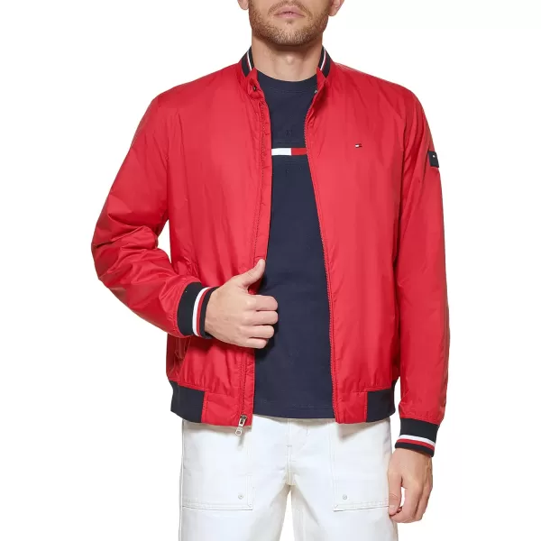 Tommy Hilfiger Mens Lightweight Varsity Rib Knit Bomber JacketRed Poly