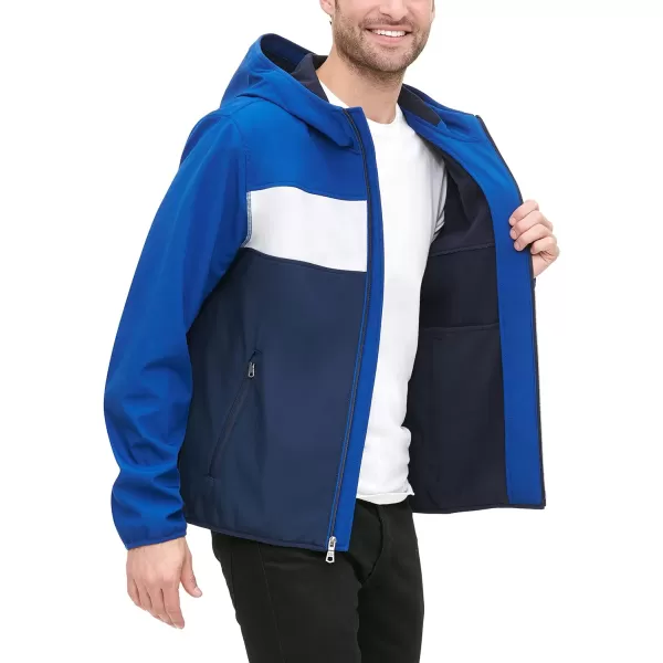 Tommy Hilfiger Mens Lightweight Water Resistant Breathable Hooded Performance Softshell JacketBlueWhite Color Block