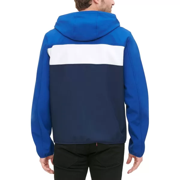 Tommy Hilfiger Mens Lightweight Water Resistant Breathable Hooded Performance Softshell JacketBlueWhite Color Block