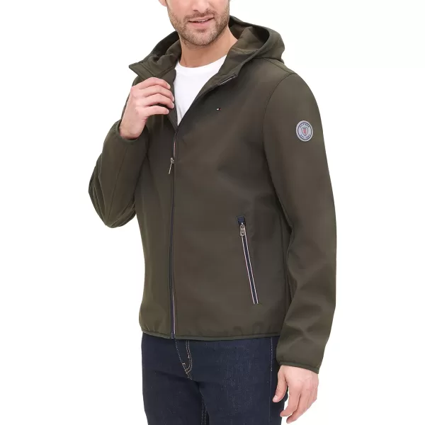 Tommy Hilfiger Mens Lightweight Water Resistant Breathable Hooded Performance Softshell JacketOlive