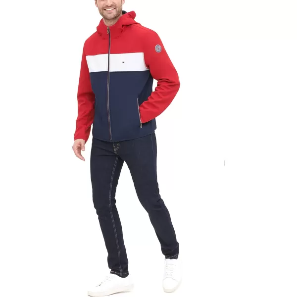 Tommy Hilfiger Mens Lightweight Water Resistant Breathable Hooded Performance Softshell JacketRedWhiteNavy