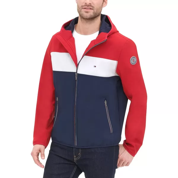 Tommy Hilfiger Mens Lightweight Water Resistant Breathable Hooded Performance Softshell JacketRedWhiteNavy