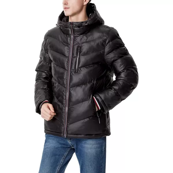 Tommy Hilfiger Mens Midweight Chevron Quilted Performance Hooded Puffer JacketBlack