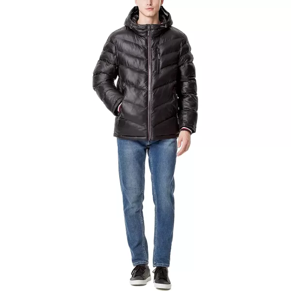 Tommy Hilfiger Mens Midweight Chevron Quilted Performance Hooded Puffer JacketBlack