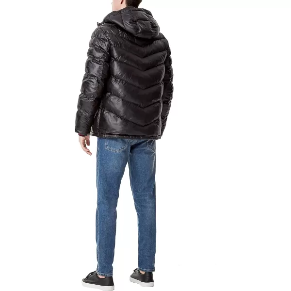 Tommy Hilfiger Mens Midweight Chevron Quilted Performance Hooded Puffer JacketBlack