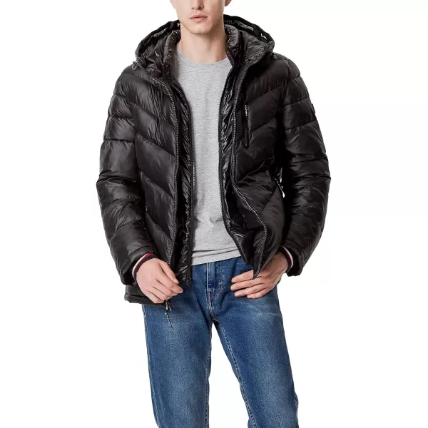 Tommy Hilfiger Mens Midweight Chevron Quilted Performance Hooded Puffer JacketBlack W Bib