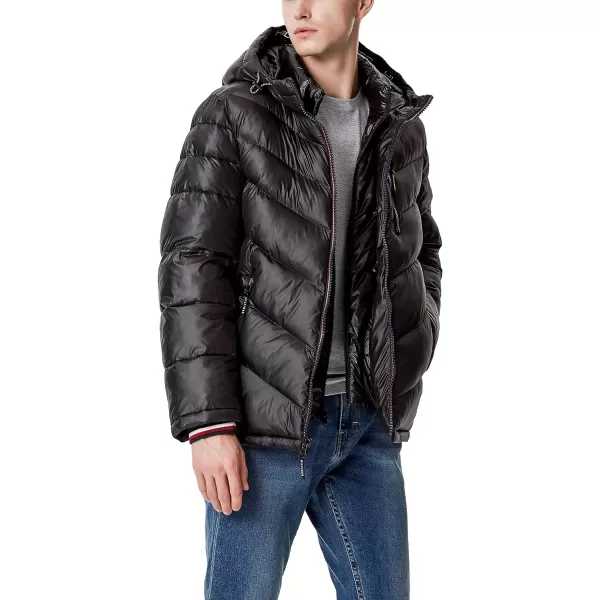 Tommy Hilfiger Mens Midweight Chevron Quilted Performance Hooded Puffer JacketBlack W Bib