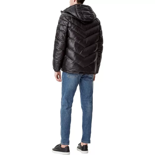 Tommy Hilfiger Mens Midweight Chevron Quilted Performance Hooded Puffer JacketBlack W Bib