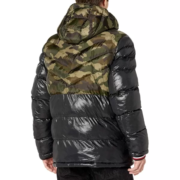 Tommy Hilfiger Mens Midweight Chevron Quilted Performance Hooded Puffer JacketCamoBlack W Bib