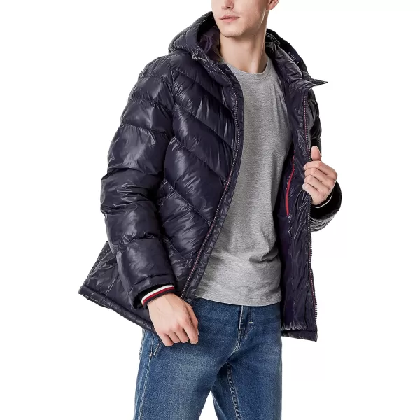 Tommy Hilfiger Mens Midweight Chevron Quilted Performance Hooded Puffer JacketMidnight