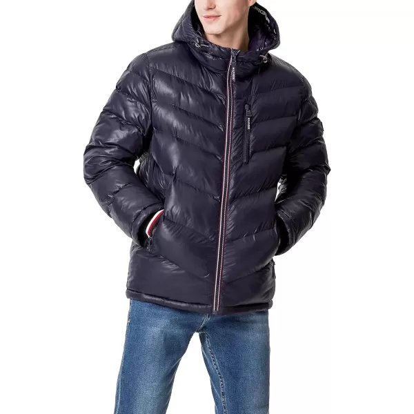 Tommy Hilfiger Mens Midweight Chevron Quilted Performance Hooded Puffer JacketMidnight