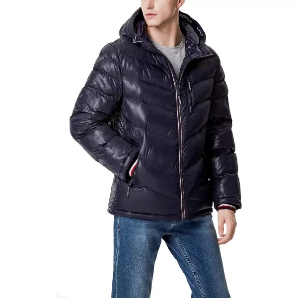 Tommy Hilfiger Mens Midweight Chevron Quilted Performance Hooded Puffer JacketMidnight