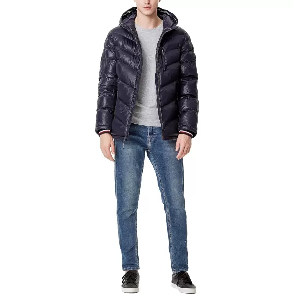 Tommy Hilfiger Mens Midweight Chevron Quilted Performance Hooded Puffer JacketMidnight