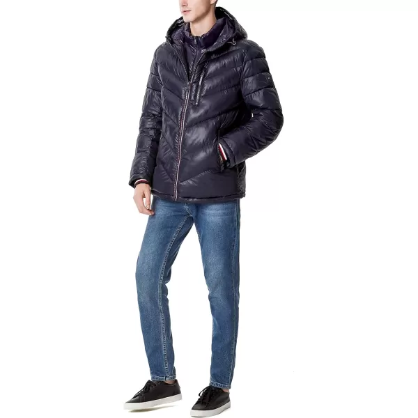 Tommy Hilfiger Mens Midweight Chevron Quilted Performance Hooded Puffer JacketMidnight W Bib