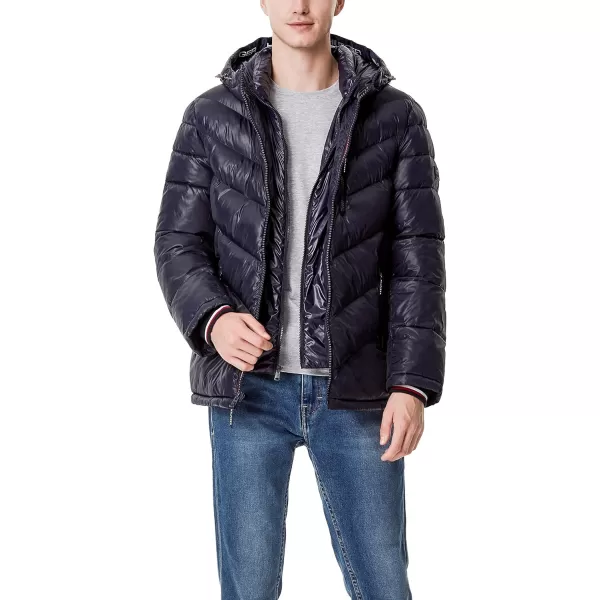 Tommy Hilfiger Mens Midweight Chevron Quilted Performance Hooded Puffer JacketMidnight W Bib