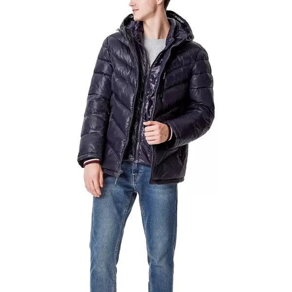 Tommy Hilfiger Mens Midweight Chevron Quilted Performance Hooded Puffer JacketMidnight W Bib