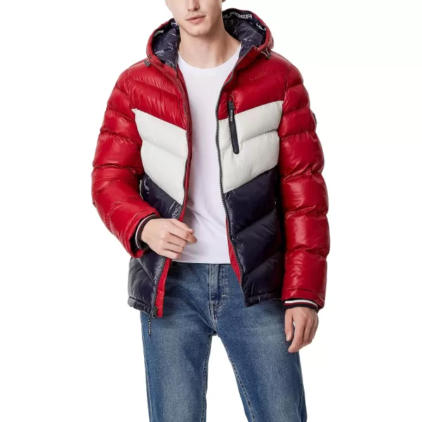 Tommy Hilfiger Mens Midweight Chevron Quilted Performance Hooded Puffer JacketRedIceNavy