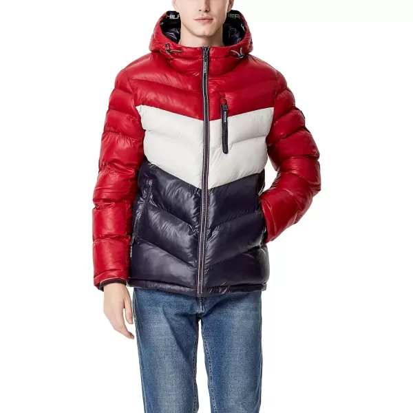 Tommy Hilfiger Mens Midweight Chevron Quilted Performance Hooded Puffer JacketRedIceNavy