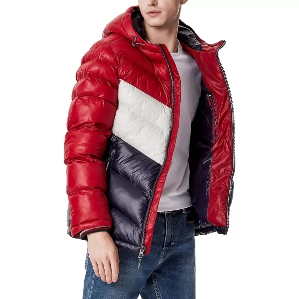 Tommy Hilfiger Mens Midweight Chevron Quilted Performance Hooded Puffer JacketRedIceNavy