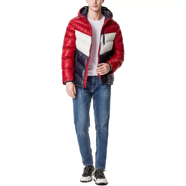 Tommy Hilfiger Mens Midweight Chevron Quilted Performance Hooded Puffer JacketRedIceNavy