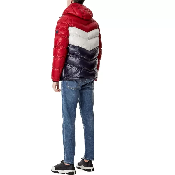 Tommy Hilfiger Mens Midweight Chevron Quilted Performance Hooded Puffer JacketRedIceNavy