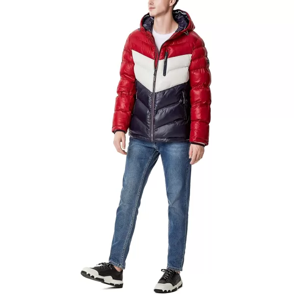 Tommy Hilfiger Mens Midweight Chevron Quilted Performance Hooded Puffer JacketRedIceNavy