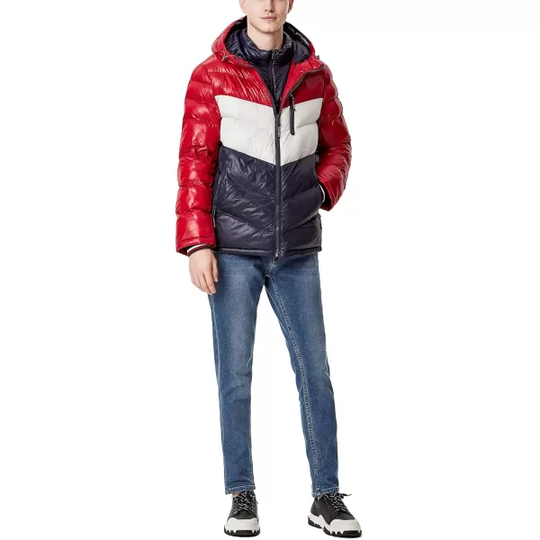 Tommy Hilfiger Mens Midweight Chevron Quilted Performance Hooded Puffer JacketRedIceNavy W Bib