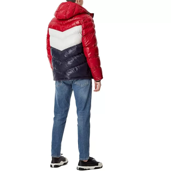 Tommy Hilfiger Mens Midweight Chevron Quilted Performance Hooded Puffer JacketRedIceNavy W Bib