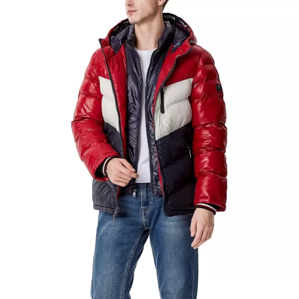 Tommy Hilfiger Mens Midweight Chevron Quilted Performance Hooded Puffer JacketRedIceNavy W Bib