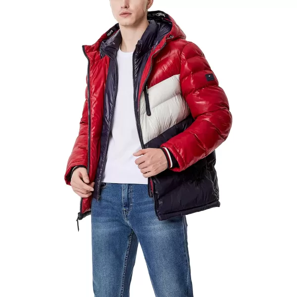 Tommy Hilfiger Mens Midweight Chevron Quilted Performance Hooded Puffer JacketRedIceNavy W Bib